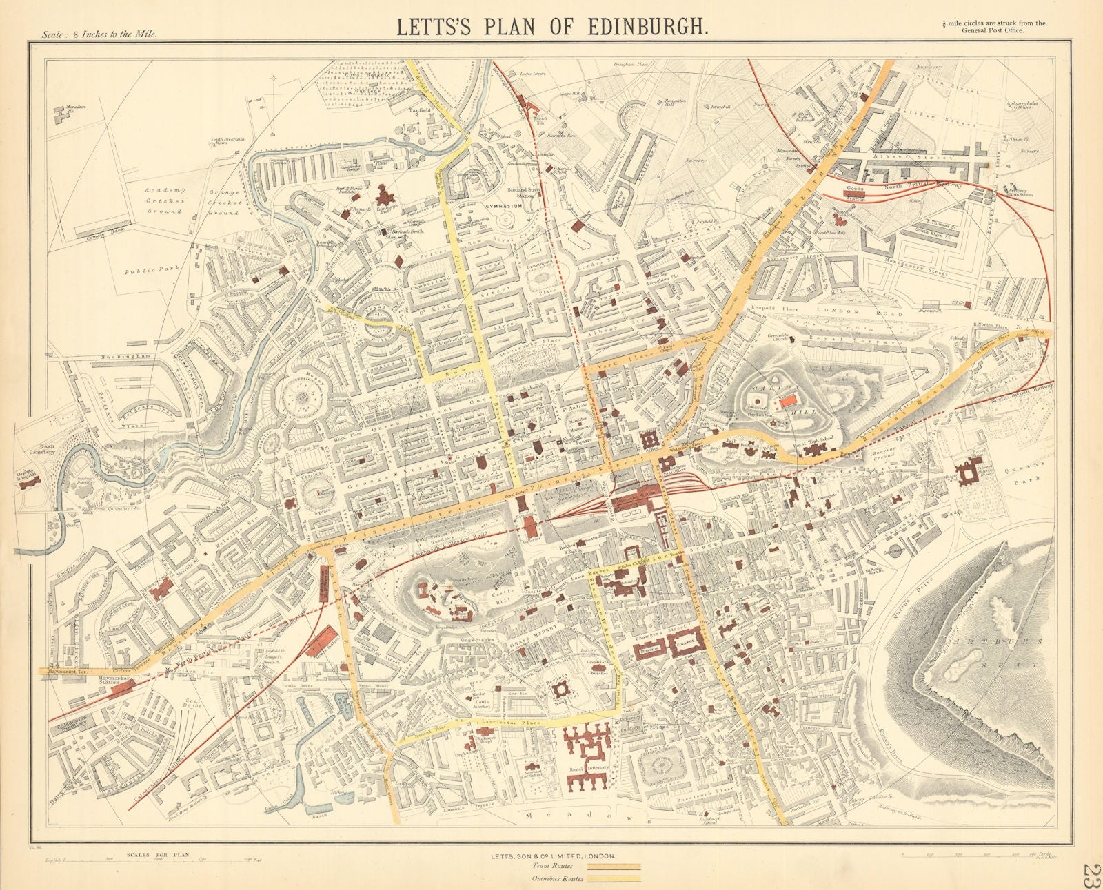 EDINBURGH town city map plan. Tram bus railways routes stations. LETTS 1892